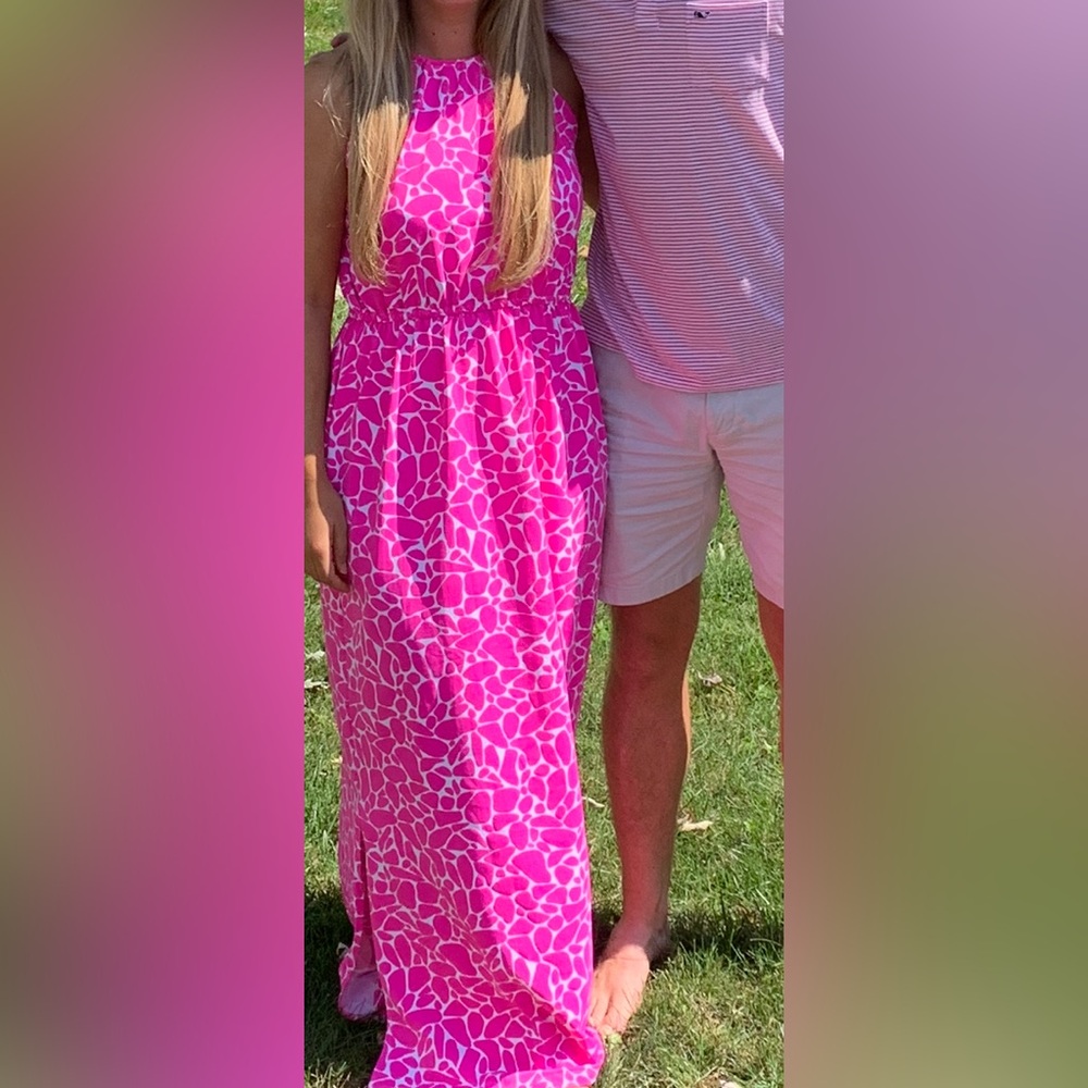 Mahi Gold Hot Pink and Whit Leopard Print Maxi Dress Medium